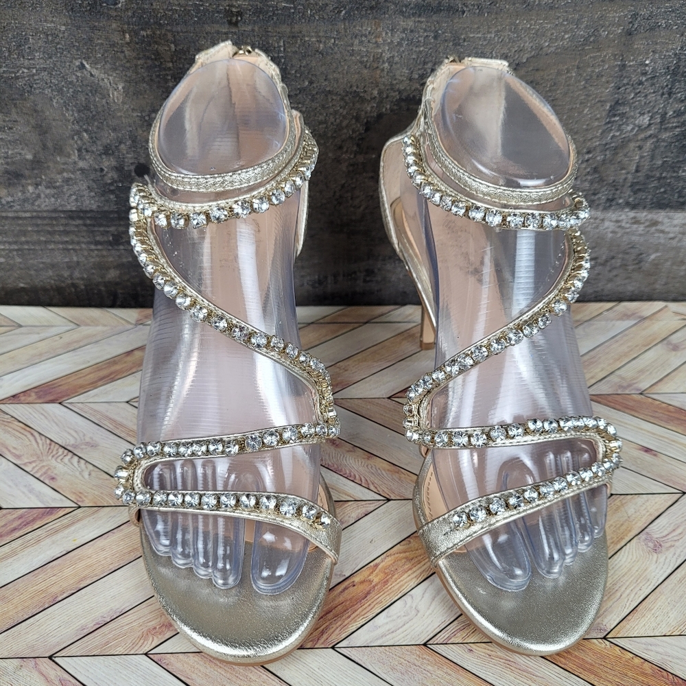 Jewel By Badgley Mischka Rhinestone Leather Upper Metallic Heel Sandals